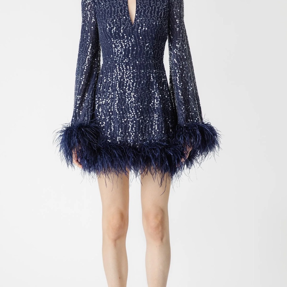 Elegant Navy Sequin Dress with Feather Trim